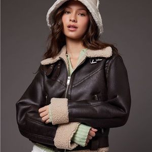 Faux Shearling-Trim Moto  Leather Jacket